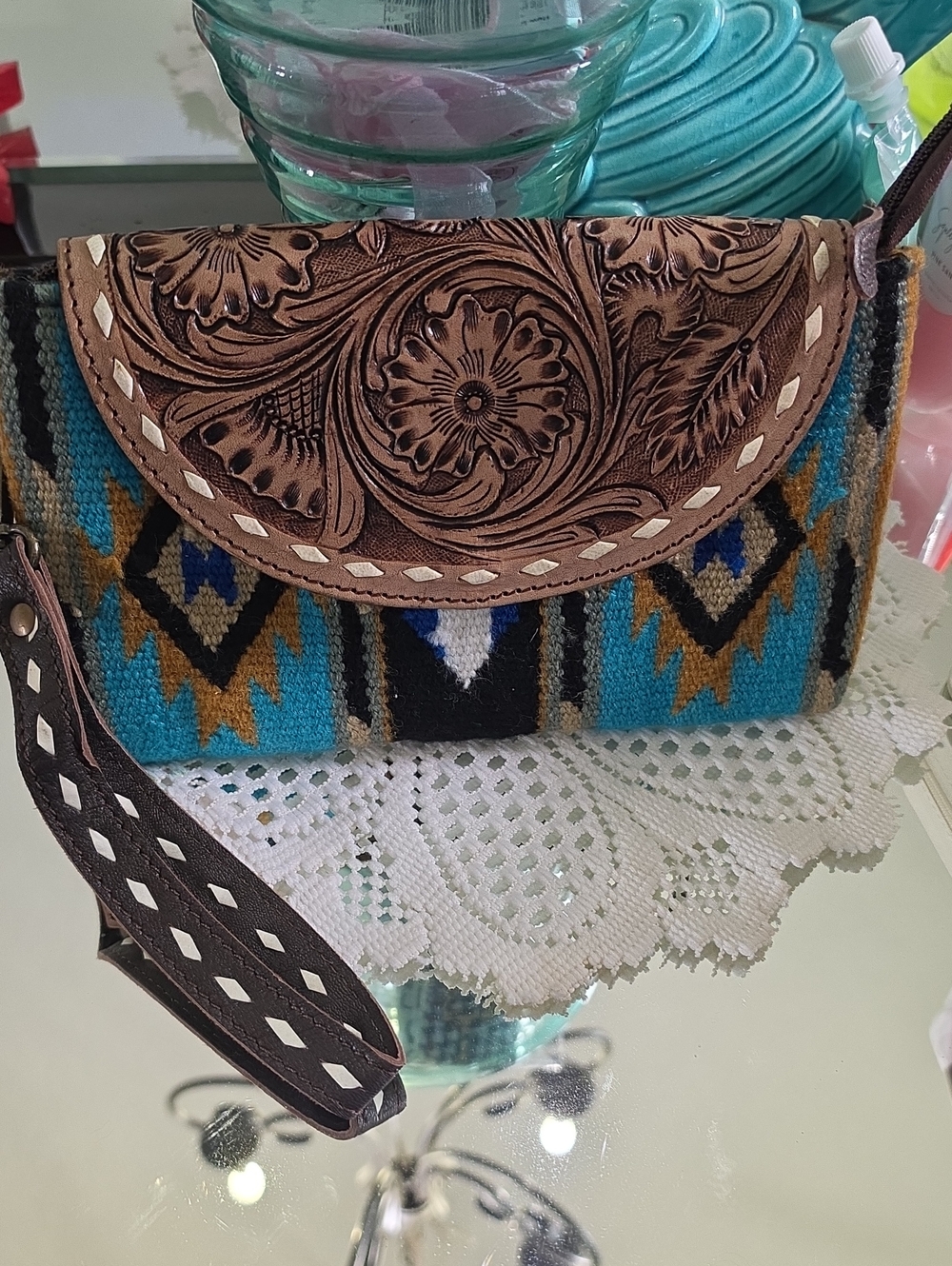Wrangler Turquoise, Tan & Black Tooled Leather Accent Wallet Wristlet